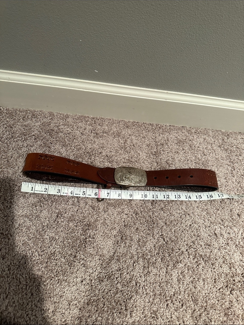 Women's Brown Leather Belt with Ornate Silver Buckle - Picture 7 of 7